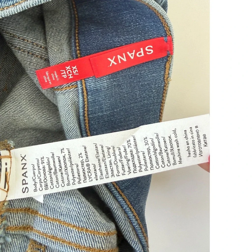 Spanx Ankle‎ Straight Leg Jeans Medium Wash High Rise Pull On Denim Blue Sz Xs